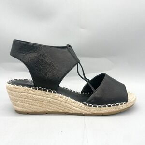 Eileen Fisher Womens 9.5 Agnes Espadrille Sandals Shoes Black Leather Wedge Heel